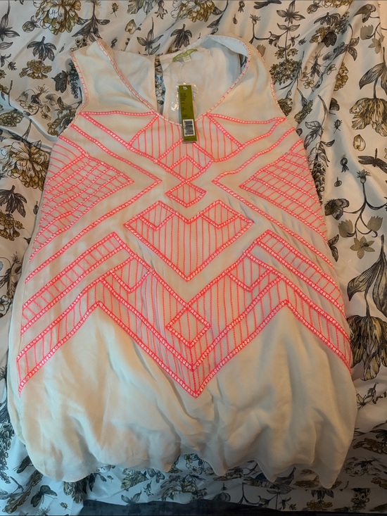 Gianni Bini Dresses & Skirts - NWT Gianni  bini‎ White Tank Dress with Neon Pink Beaded Geometric Detail